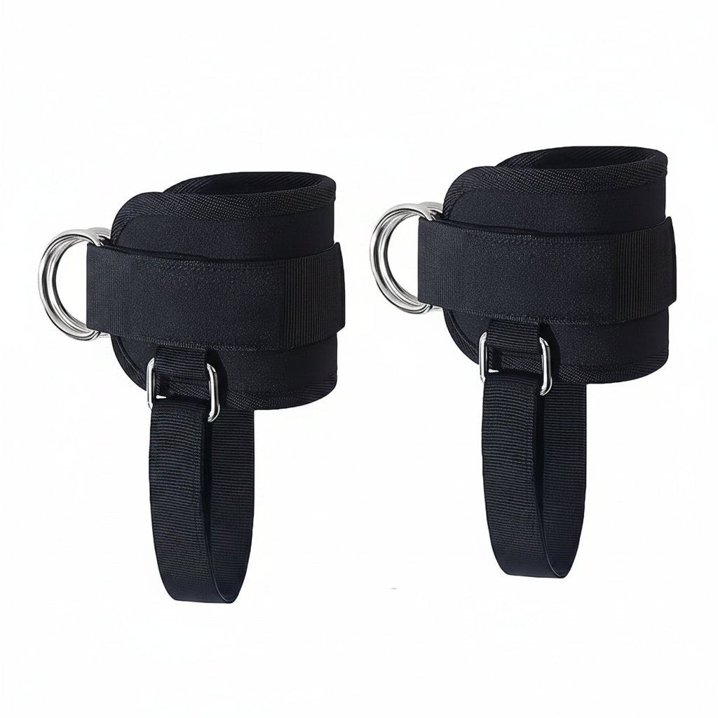 CableCuff Pro padded ankle straps with chrome D-ring on white background