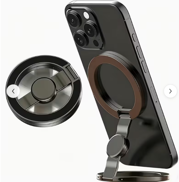 IronEra MagSafe Magnetic Ring Stand in gunmetal finish, shown collapsed and as a kickstand with iPhone