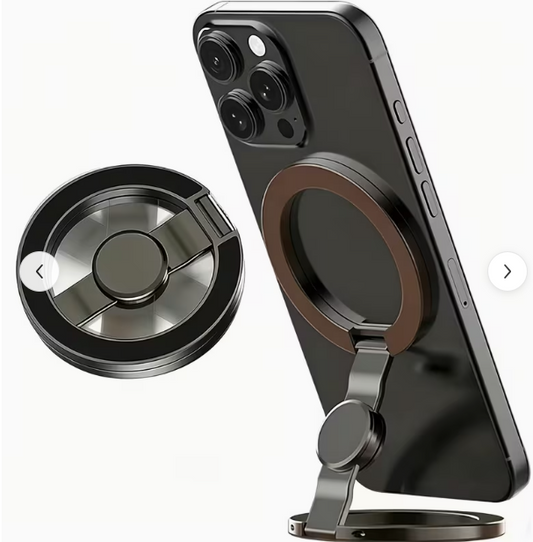 IronEra MagSafe Magnetic Ring Stand in gunmetal finish, shown collapsed and as a kickstand with iPhone